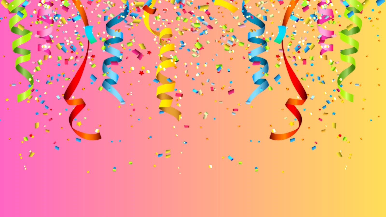 Colorful streamers and confetti on a pink and yellow background